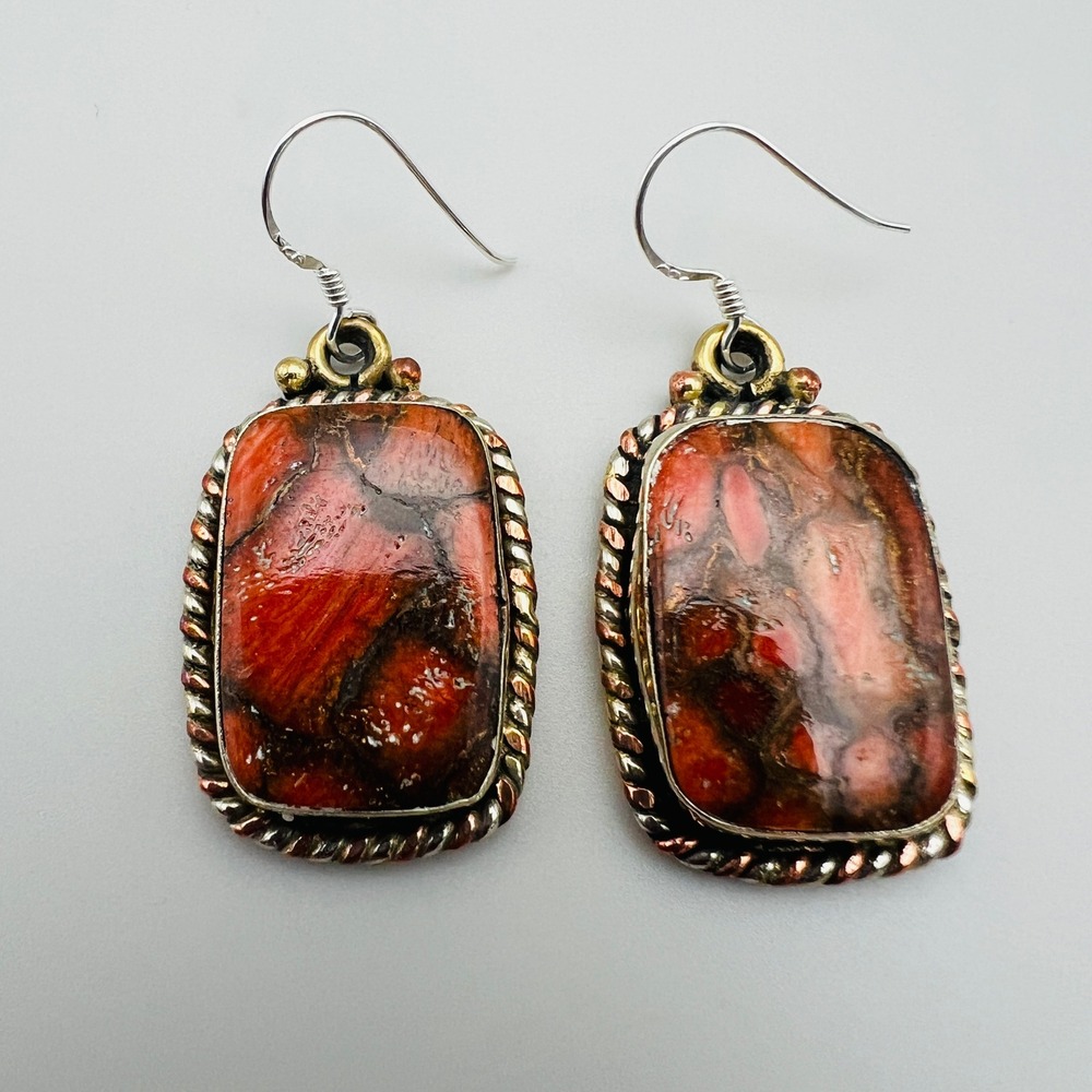 Jasper Stone Dangle Drop Earrings Mixed Metal Artisan Southwestern Boho Style